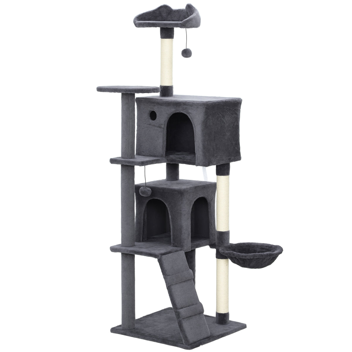 PawHut 160cm Large Cat Tree Tower with Sisal Scratching Posts, Condos, Plush Perches, Hammock, Ladder, Dark Grey PawHut Default Title