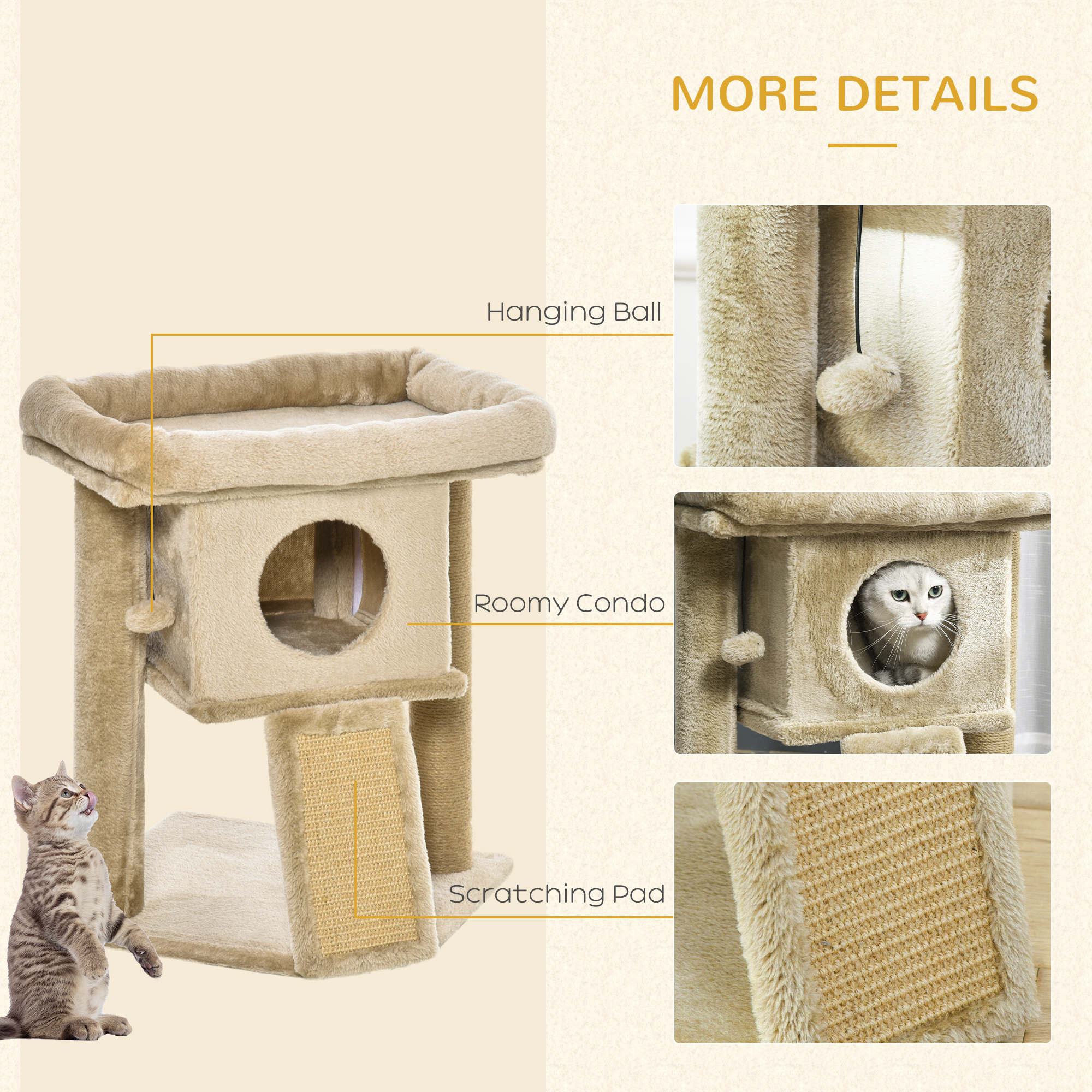 Cat Tree Tower, Kitten Climbing Activity Centre with Jute Scratching Pad, Ball Toy, Condo Perch Bed, Coffee