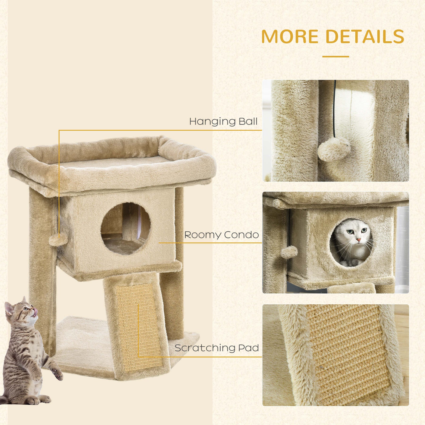 Cat Tree Tower, Kitten Climbing Activity Centre with Jute Scratching Pad, Ball Toy, Condo Perch Bed, Coffee