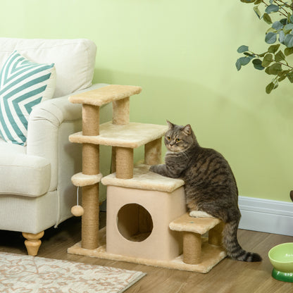PawHut Adjustable Cat Steps, with House & Hanging Toy Ball - Beige PawHut