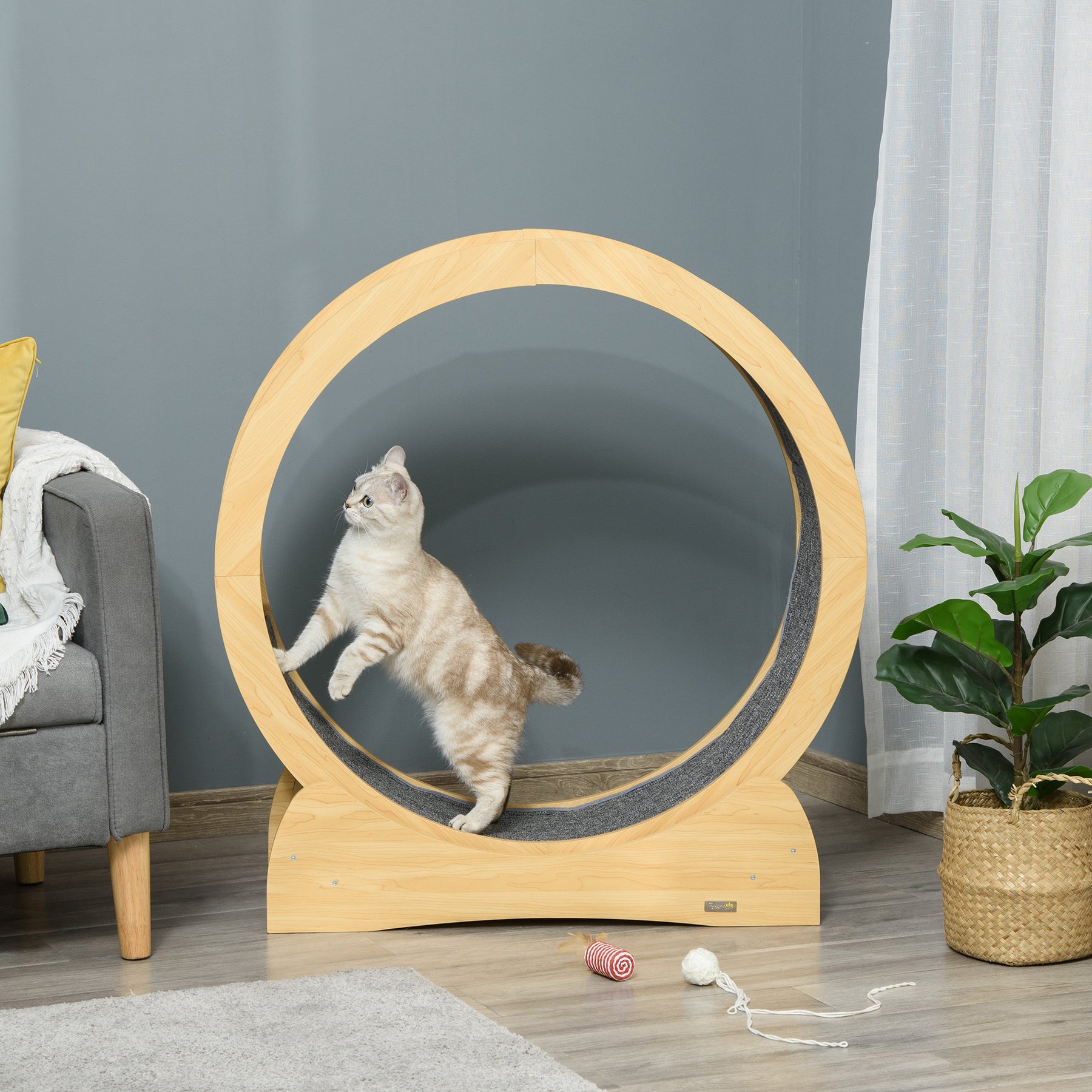 Cat Treadmill, Wooden Cat Exercise Wheel with Carpeted Runway, Cat Running Wheel, Cat Tree for Physical Activity, Natural Wood