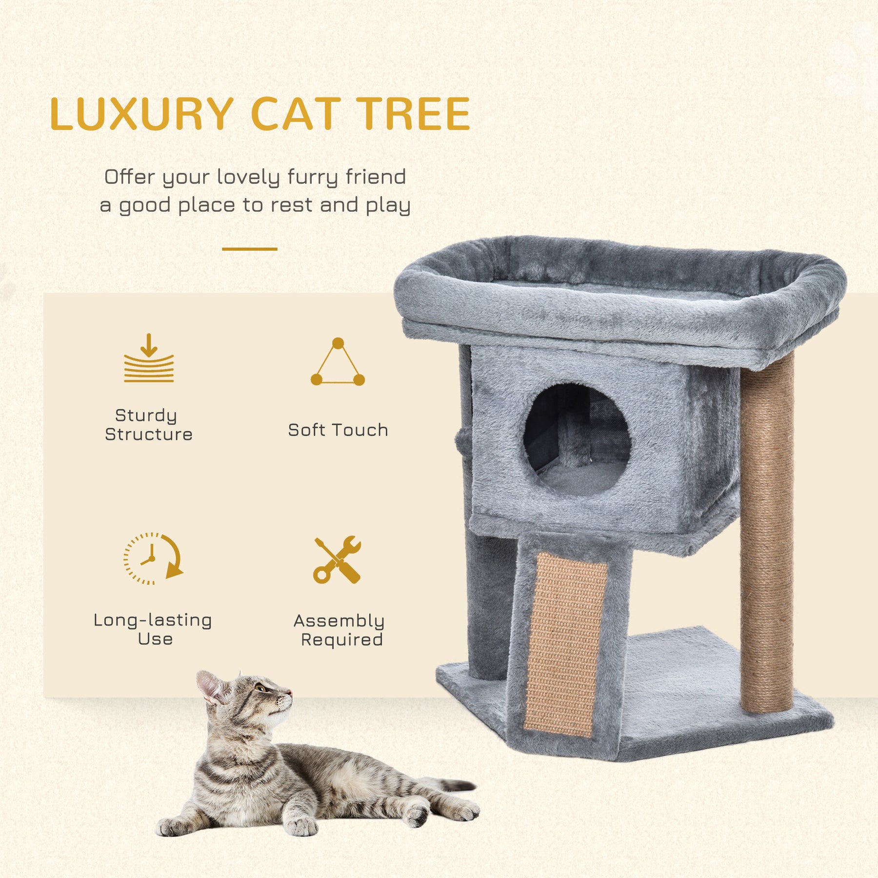 Cat Tree Tower for Indoor Cats Climbing Activity Center Kitten Furniture with Jute Scratching Pad Ball Toy Condo Perch Bed Grey