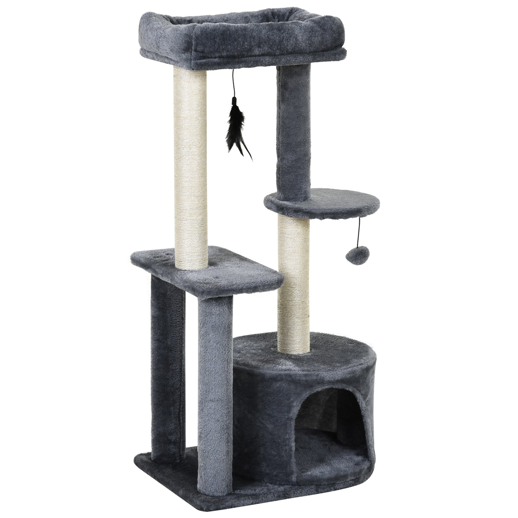 Cat Tree Tower: Multi-Activity Centre with Perch, House, Scratching Post, Play Ball & Rest Area, Grey & White