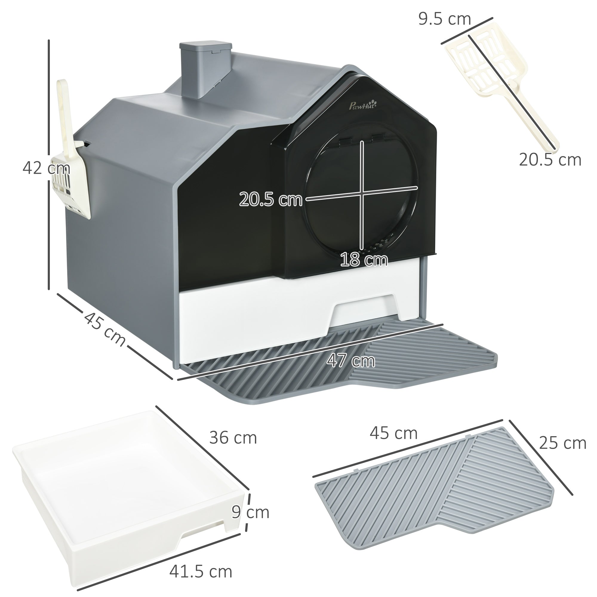 Cat Litter Box with Scoop, Enclosed Cat Toilet with Pull-Out Drawer, Odour Control & Easy Clean, Slate Grey
