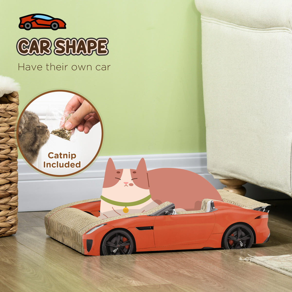 PawHut 2 in 1 Cat Scratching Board with Catnip, Car-shaped PawHut