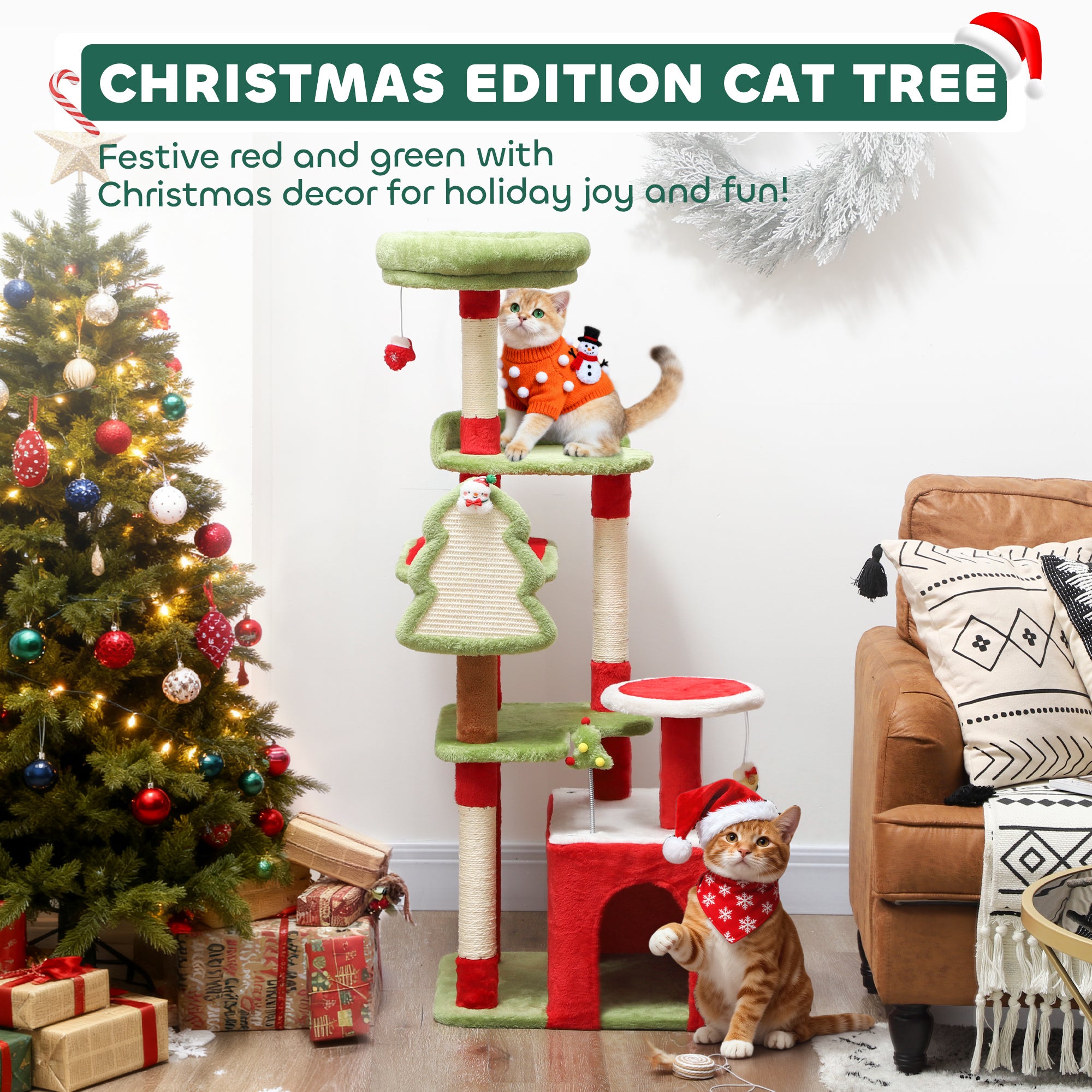 Cat Tree, Christmas Cat Tower with 3 Scratching Posts, Scratching Board, 2 Perches, Platforms, Toys, Green