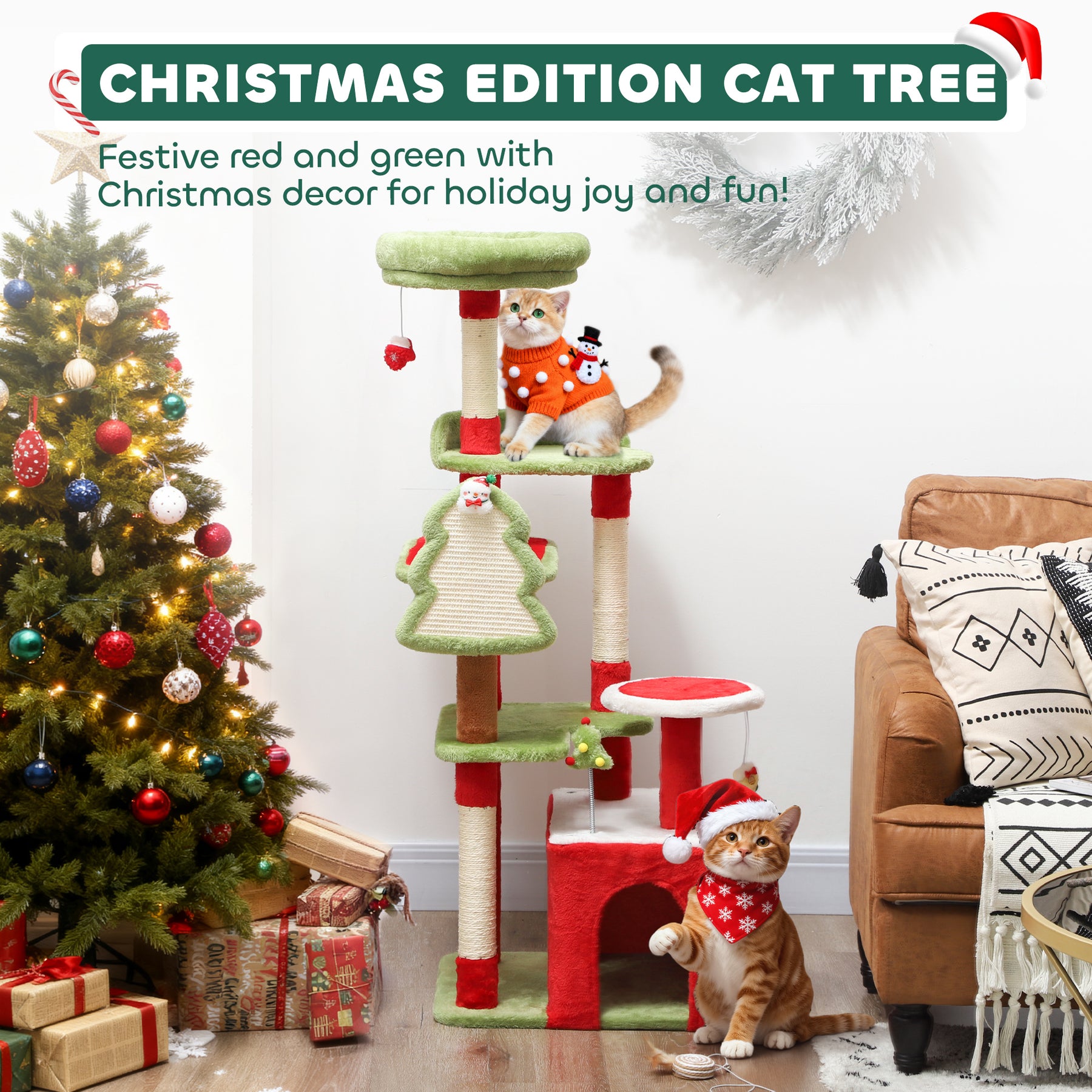 Cat Tree, Christmas Cat Tower with 3 Scratching Posts, Scratching Board, 2 Perches, Platforms, Toys, Green
