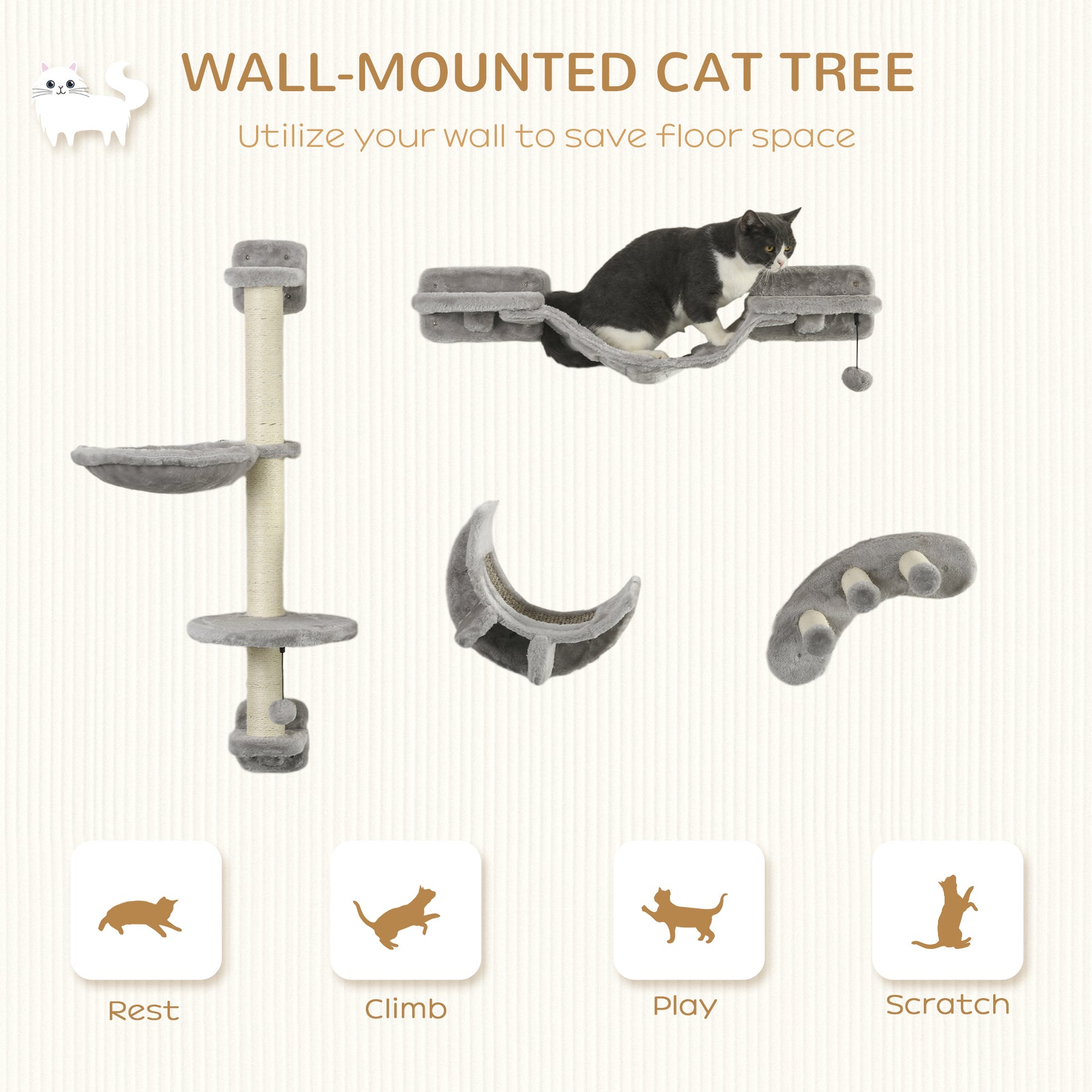 4-Piece Cat Wall Furniture, Grey