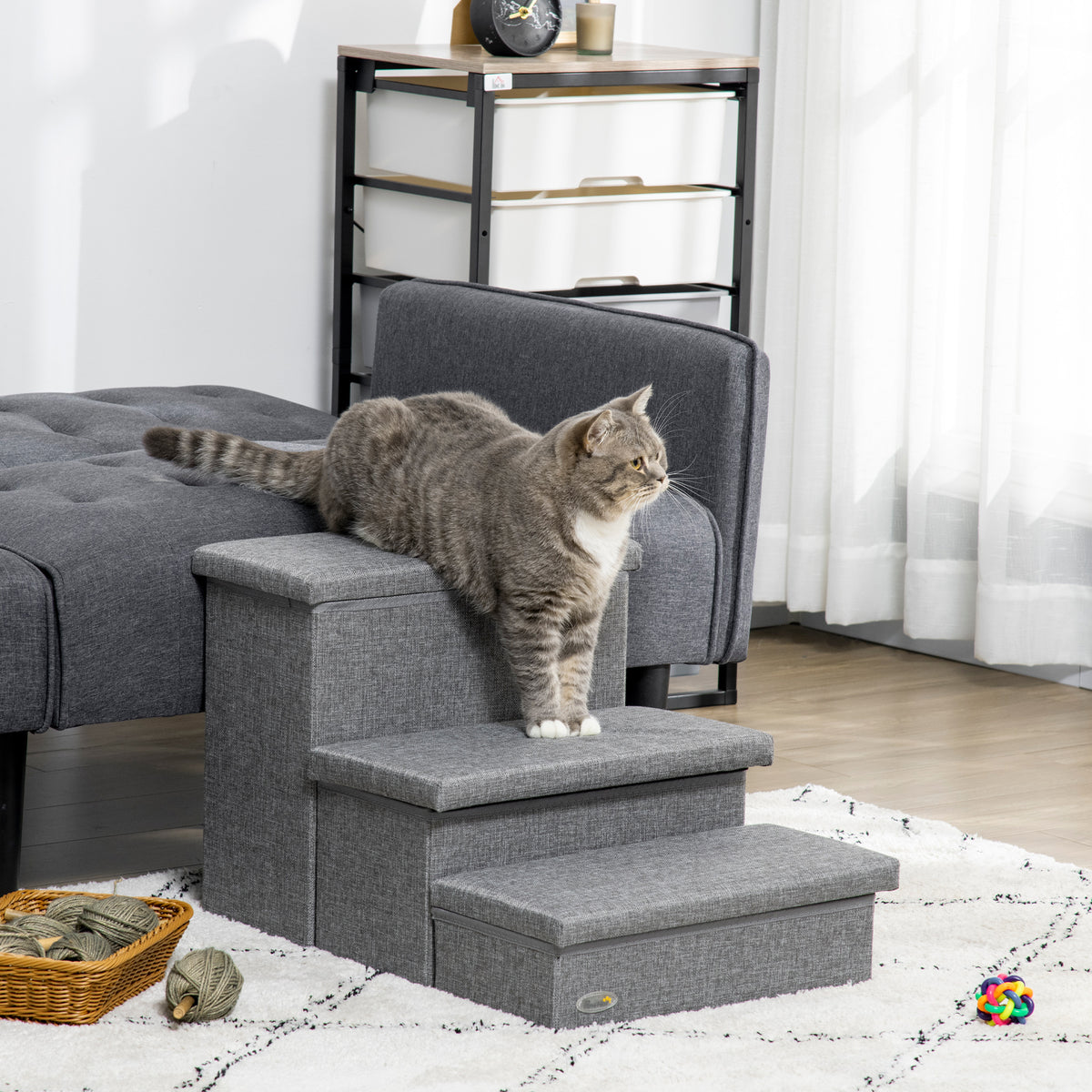 PawHut 3 Steps Pet Stairs, with Storage Boxes, for Bed, Couches - Grey PawHut
