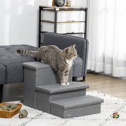 PawHut 3 Steps Pet Stairs, with Storage Boxes, for Bed, Couches - Grey PawHut