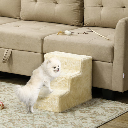 PawHut Three-Step Dog Stairs, with Washable Plush Cover, for High Bed Sofa, Dog Stairs for Small Dog and Cat - Beige PawHut