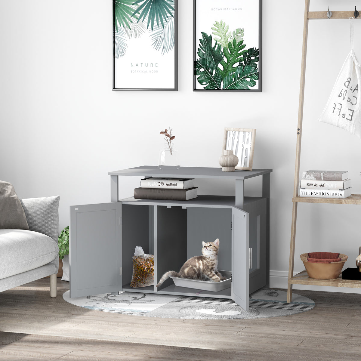 PawHut Wooden Cat Litter Box Enclosure Furniture with Adjustable Interior Wall & Large Tabletop for Nightstand, Grey PawHut