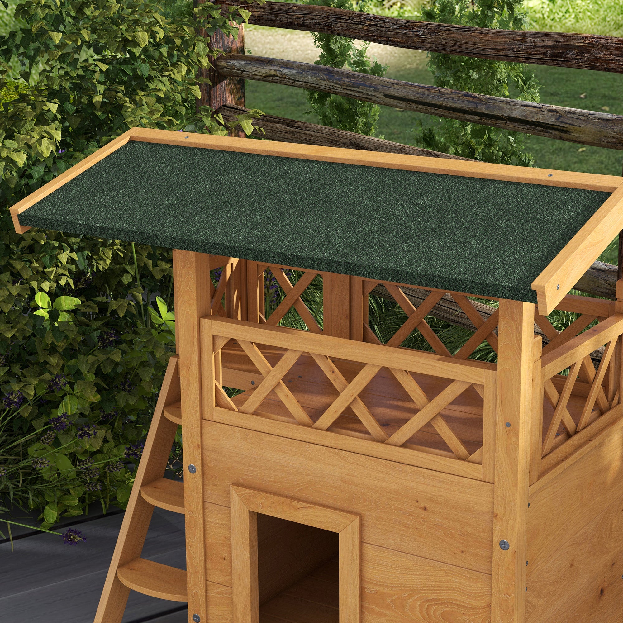 Cat House Outdoor w/ Balcony Stairs Roof, Natural