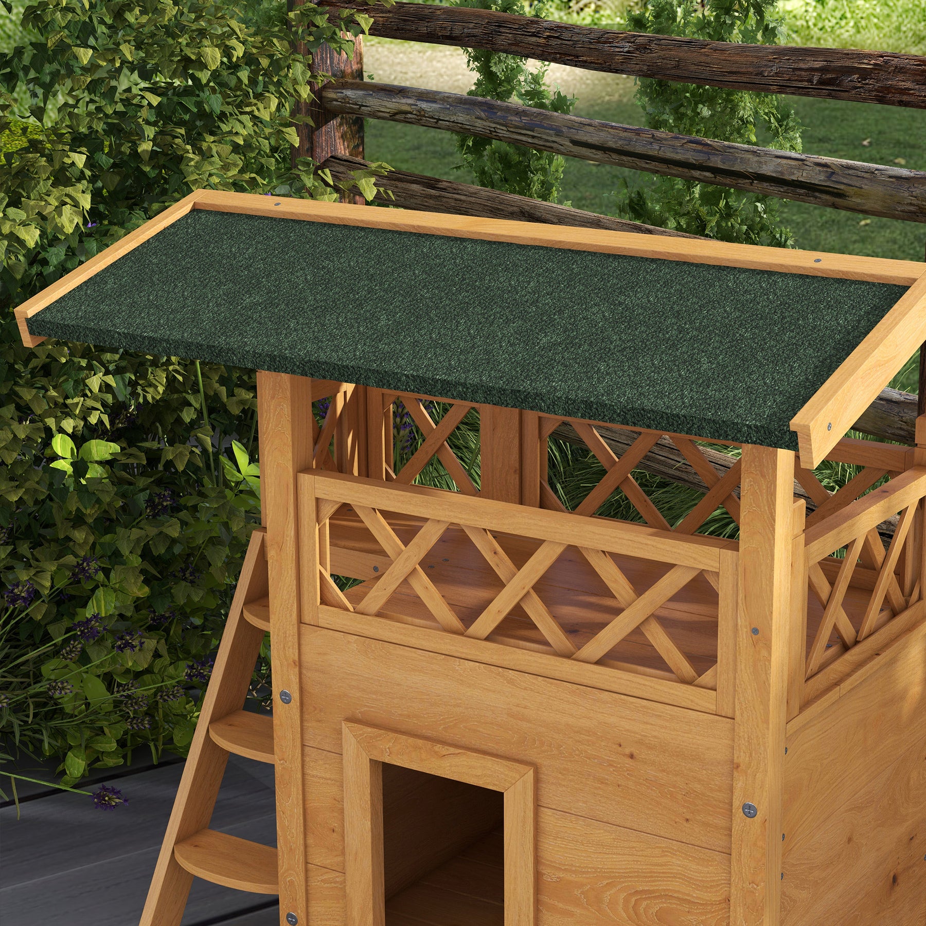Cat House Outdoor w/ Balcony Stairs Roof, Natural