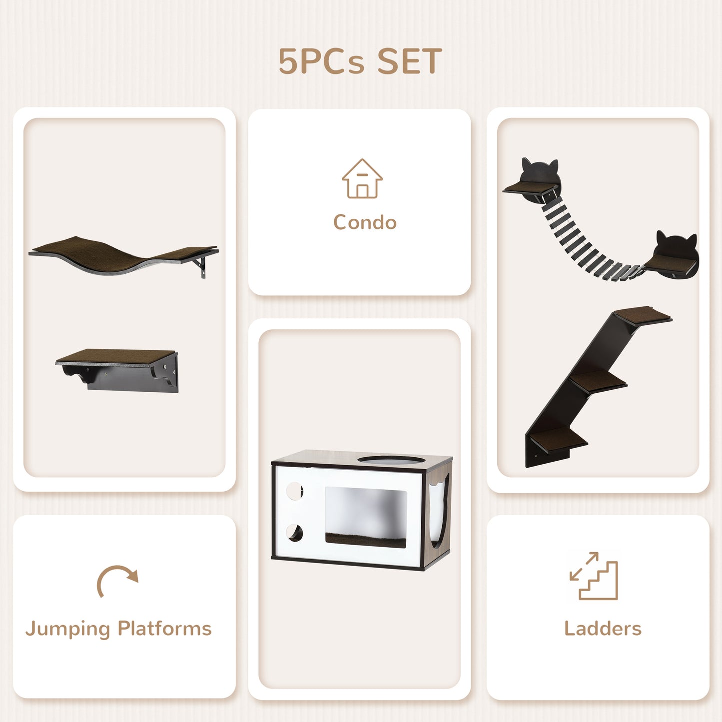 5 Pieces Cat Wall Shelves With Curved Platform Condo Bridge Aosom UK