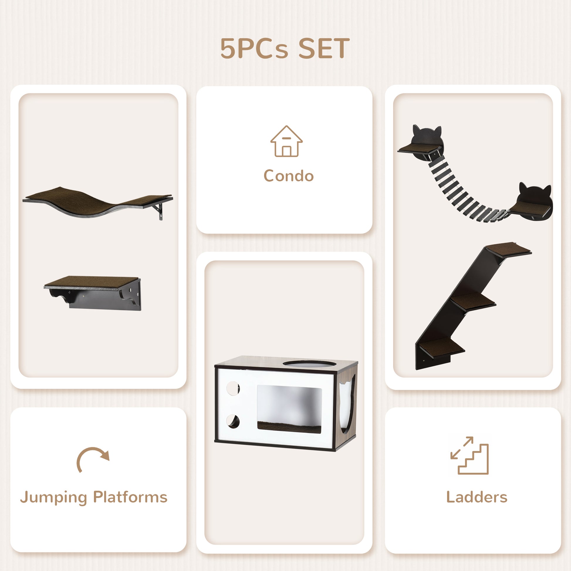 5 Pieces Cat Wall Shelves With Curved Platform Condo Bridge Aosom UK