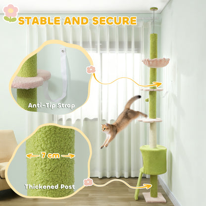 PawHut 220-240 cm Floor to Ceiling Cat Tree Adjustable Height with Hammock, Condo, Scratching Posts, Green PawHut