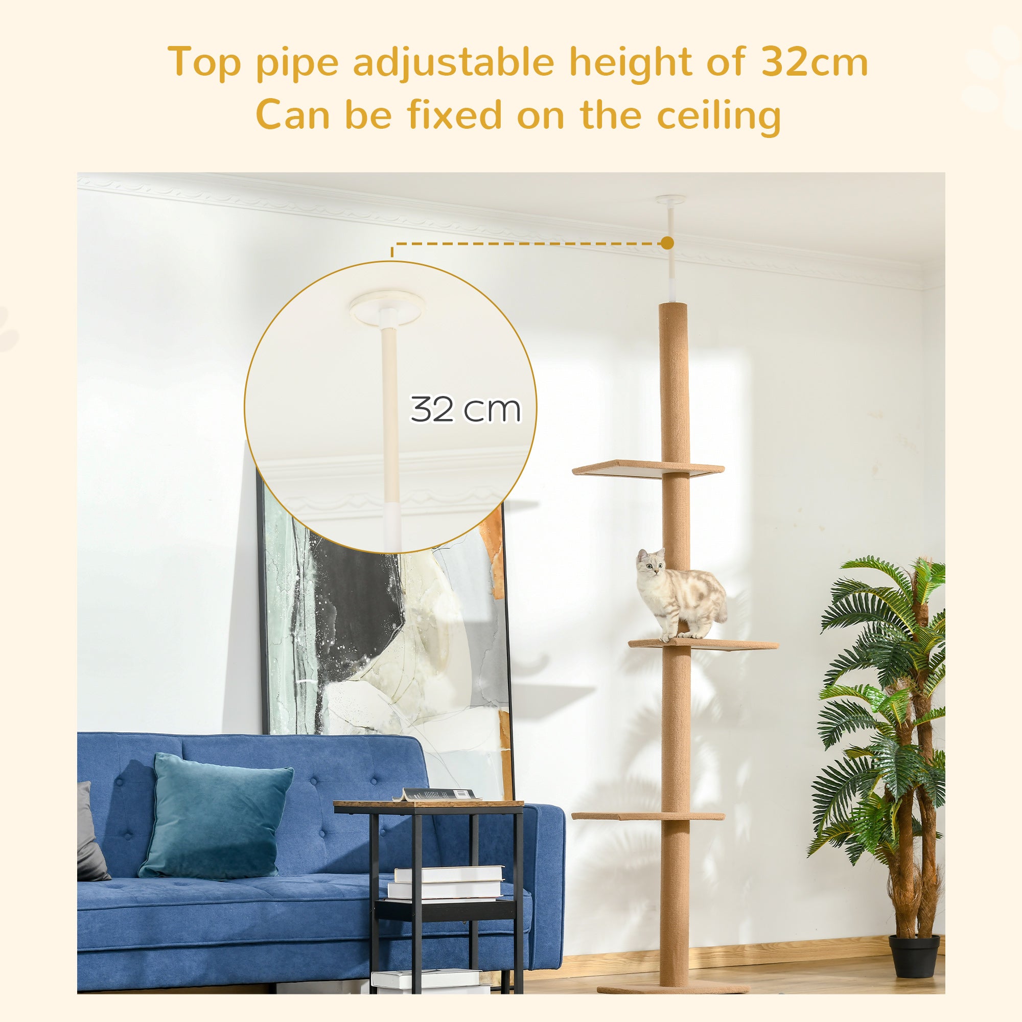 Floor to Ceiling Cat Tree with 3 Perches and Flannel Upholstery, Activity & Rest Tower, Brown
