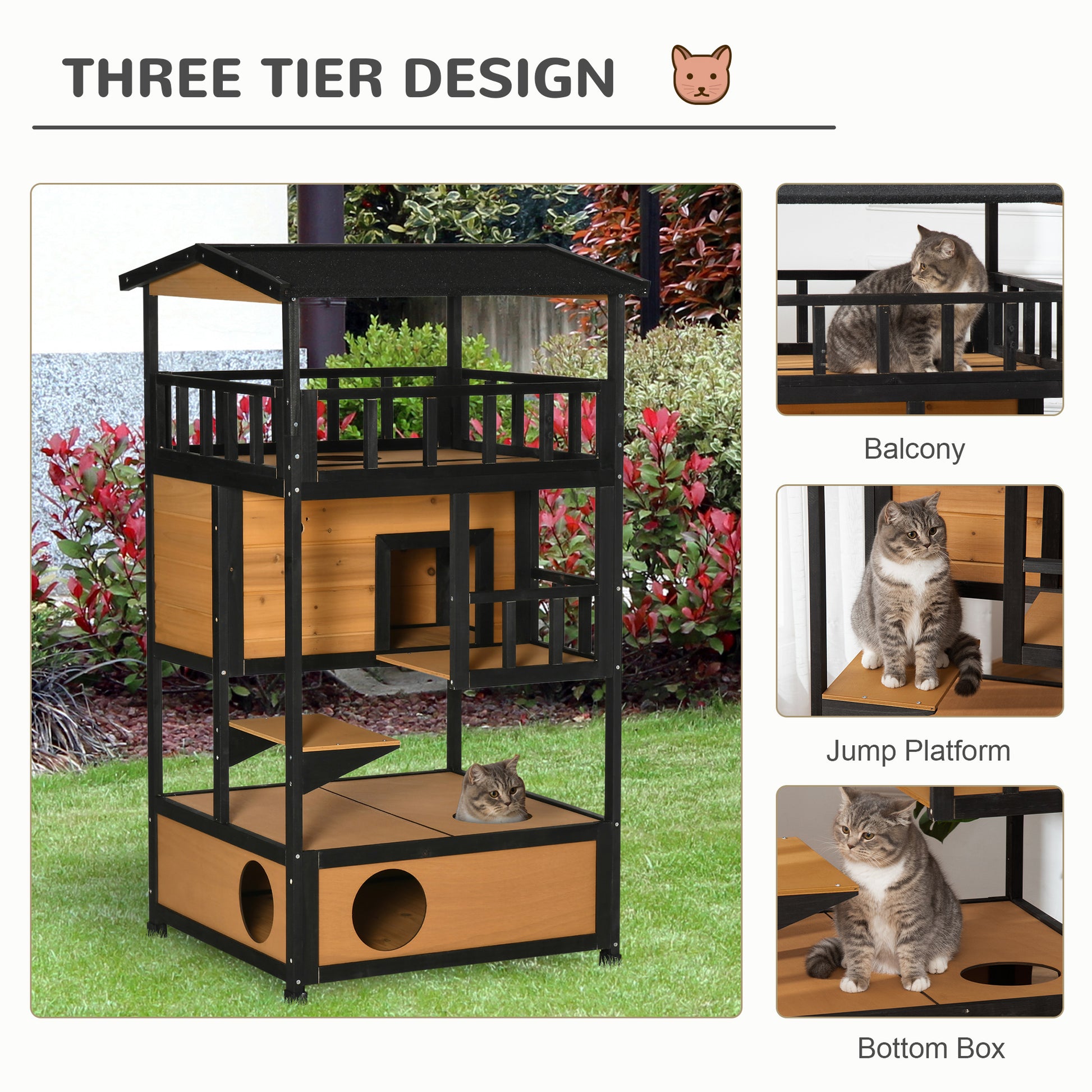 Wooden Cat House 3 Tier For Winter Kitten Shelter Lodge W Aosom UK