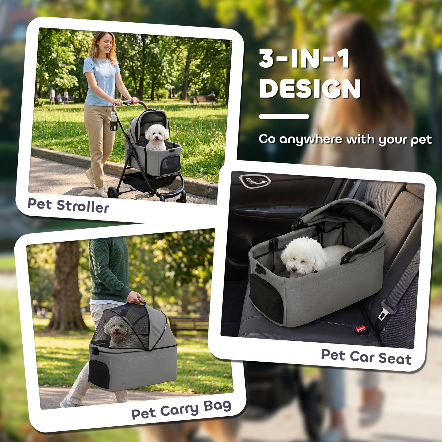 Dog Stroller, 3 in 1 Foldable Pet Stroller for Small Puppy Cat with Detachable Travel Carrier, Storage Basket, Grey