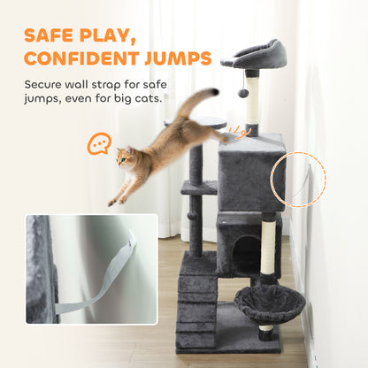 PawHut 160cm Large Cat Tree Tower with Sisal Scratching Posts, Condos, Plush Perches, Hammock, Ladder, Dark Grey PawHut