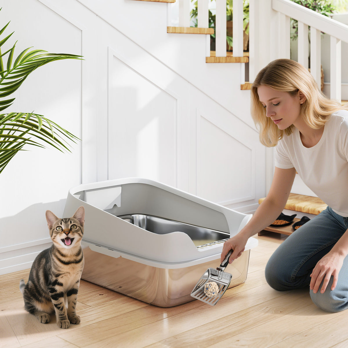 PawHut XL Stainless Steel Cat Litter Box with High Sides, Metal Scoop, 60 x 40 x 30 cm PawHut