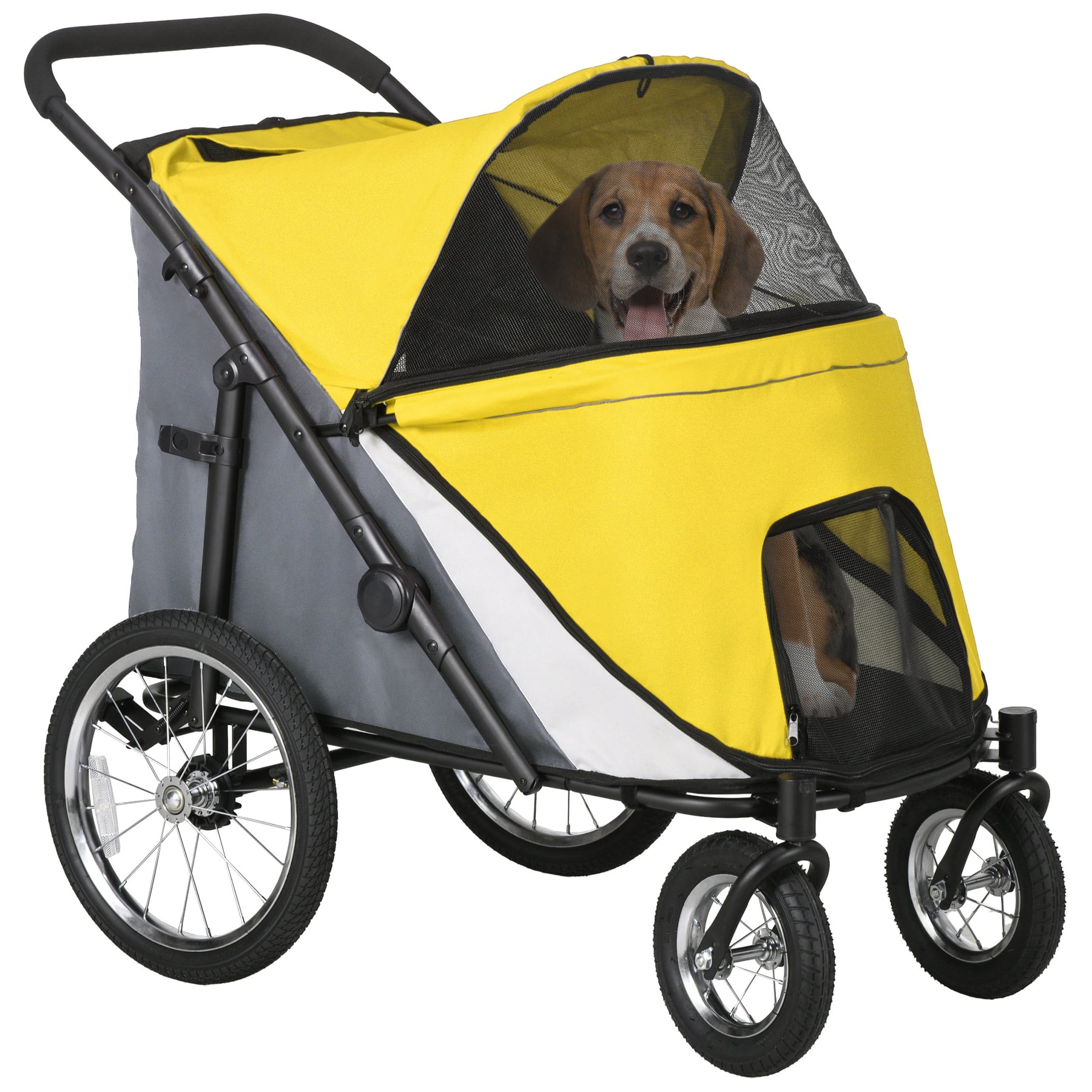 Foldable Pet Stroller with Washable Cushion, Storage Bags, Safety Leash for Medium and Large Dogs Cats Travel, Yellow