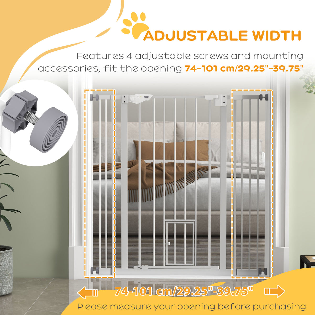 PawHut Extra Tall Pet Gate, Indoor Dog Safety Gate, with Cat Flap, Auto Close, 74-101cm Wide - White PawHut