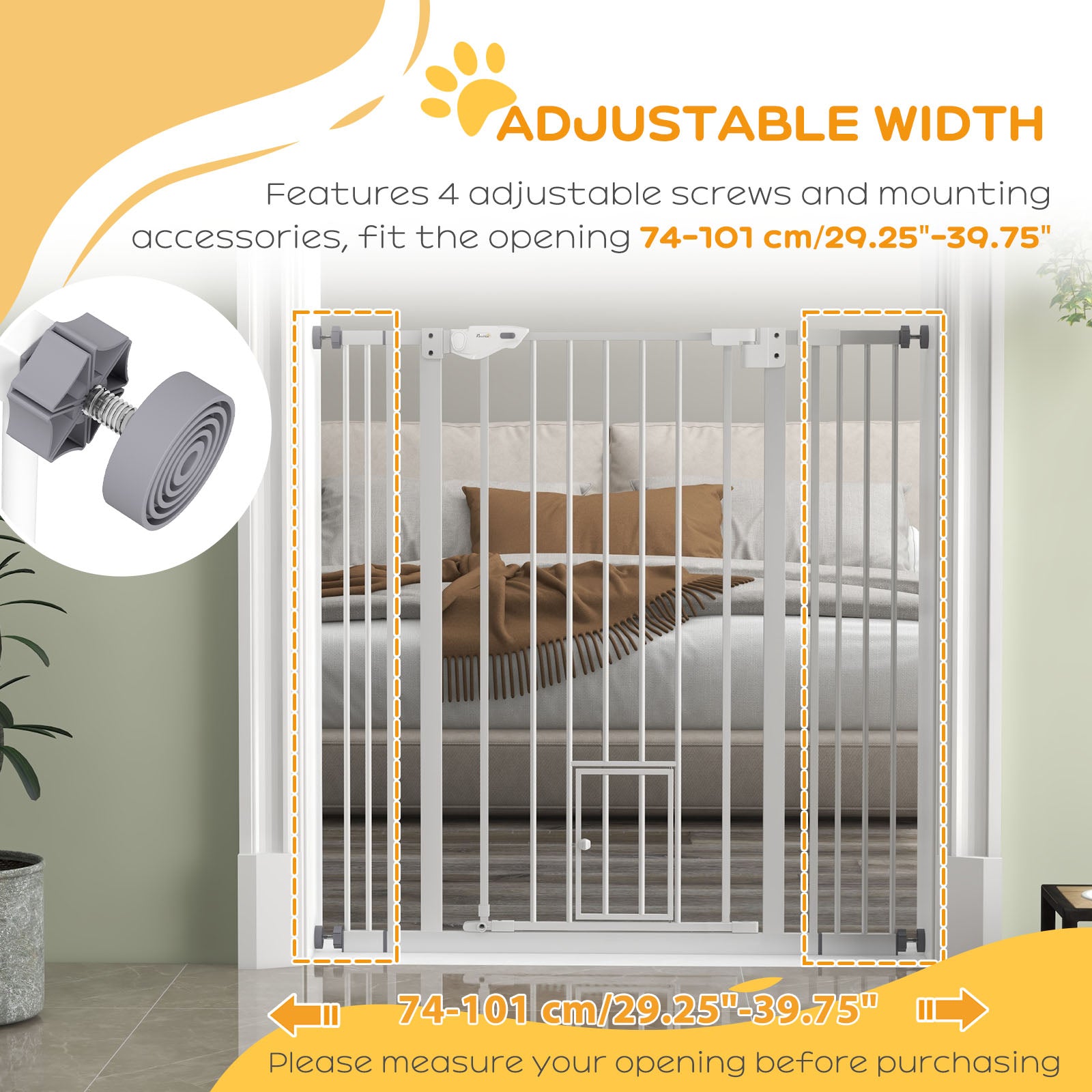 Extra Tall Pet Gate, Indoor Dog Safety Gate, with Cat Flap, Auto Close, White