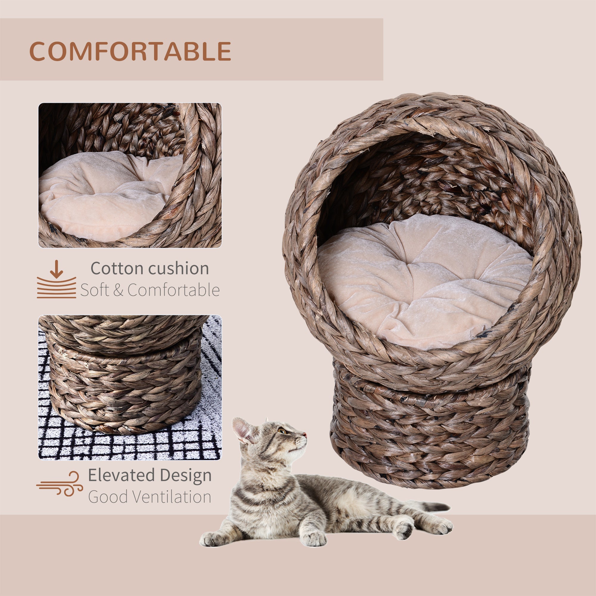 Wicker Cat Bed, Raised Rattan Cat Basket with Cylindrical Base, Soft Washable Cushion, Brown