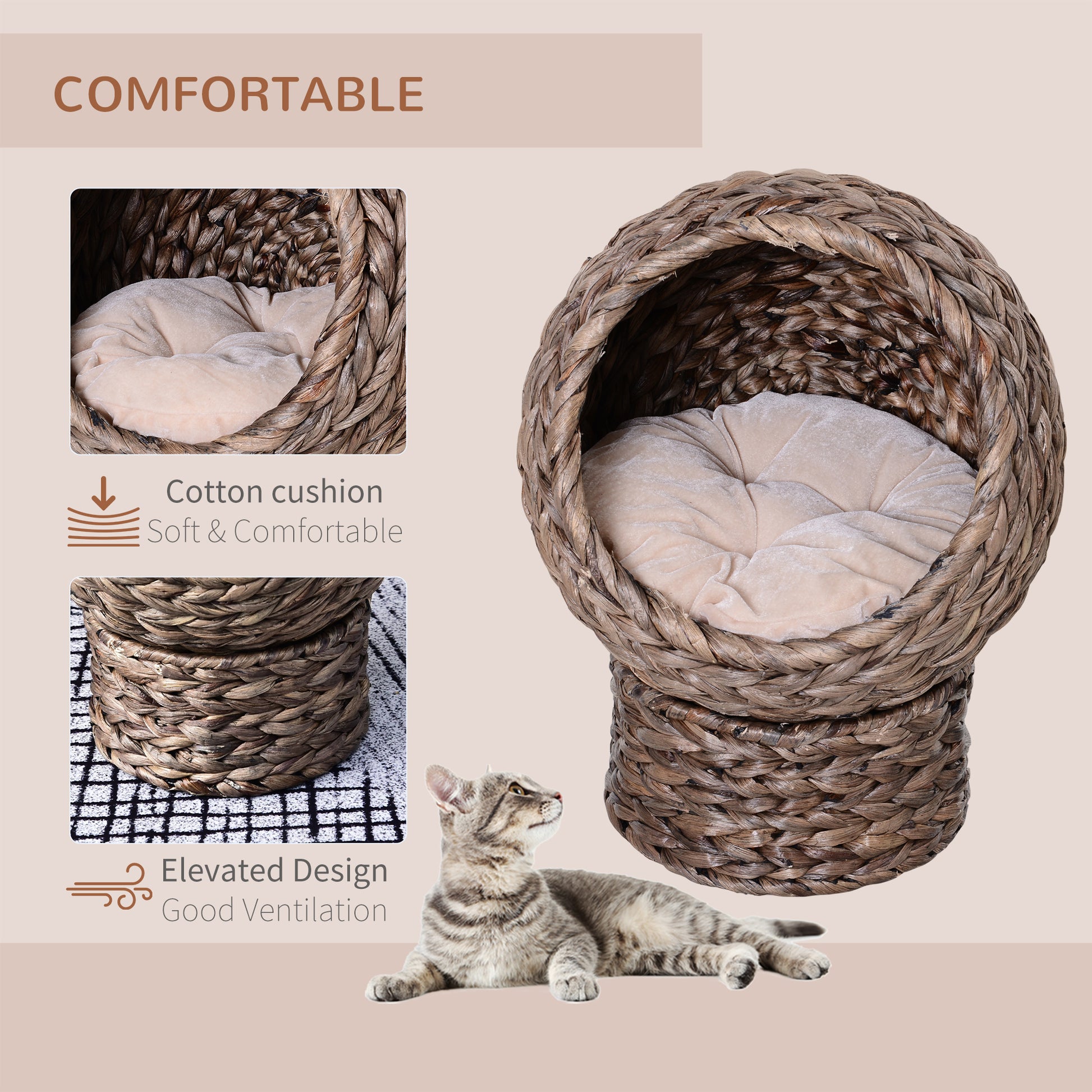 Wicker Cat Bed Raised Rattan Basket With Cylindrical Base Aosom UK