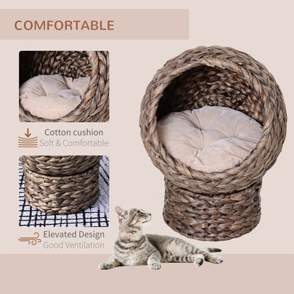 Wicker Cat Bed Raised Rattan Basket With Cylindrical Base Aosom UK