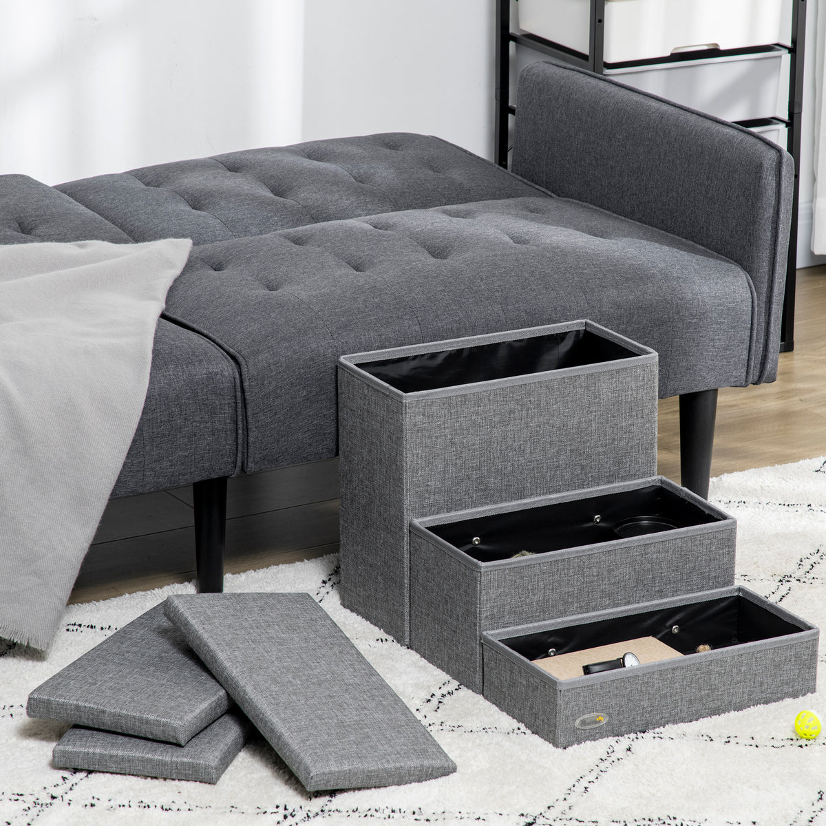 PawHut 3 Steps Pet Stairs, with Storage Boxes, for Bed, Couches - Grey PawHut