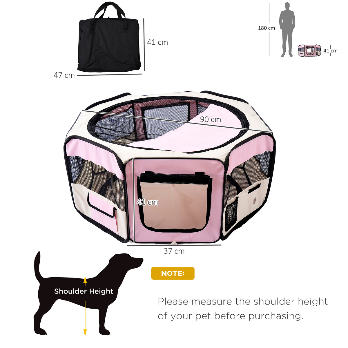 PawHut 600D Oxford Soft Fabric Kennel, Portable Lightweight Cat Dog Playpen, Foldable Pet Puppy Rabbit Guinea Pig Pen Run Dia 90 x 41H cm Indoor & Outdoor Pink PawHut