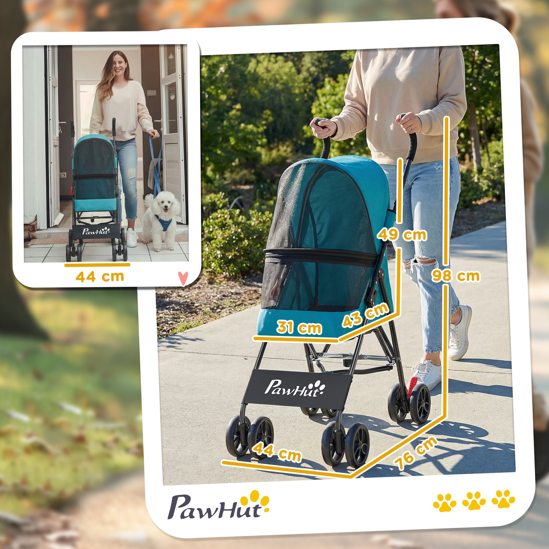 Dog Stroller, Foldable Cat Dog Pram for Miniature Breeds, Pet Stroller with Brake, Mesh Windows, Dark Green