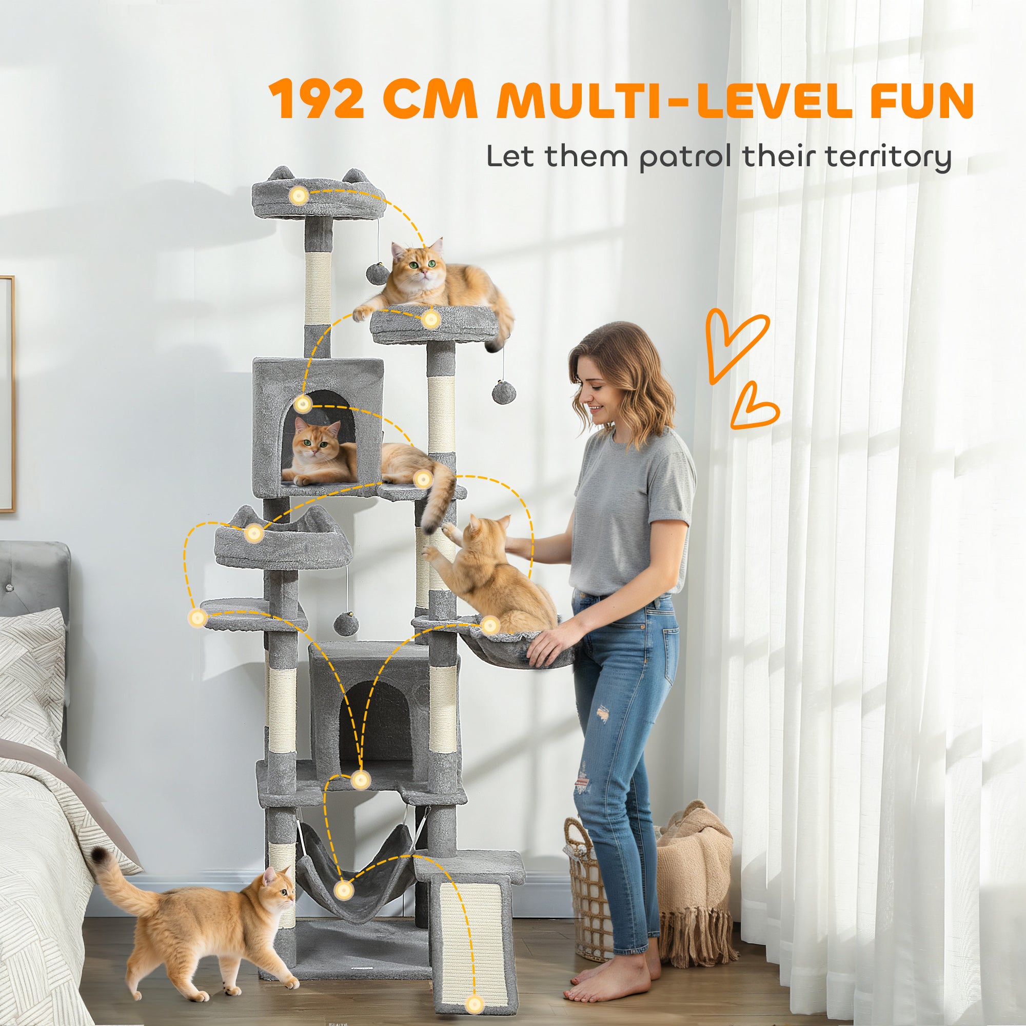 Cat Tree, Large Multi-Level Cat Tower for Indoor Kittens with 8 Scratching Posts, 3 Plush Beds, 2 Hammocks