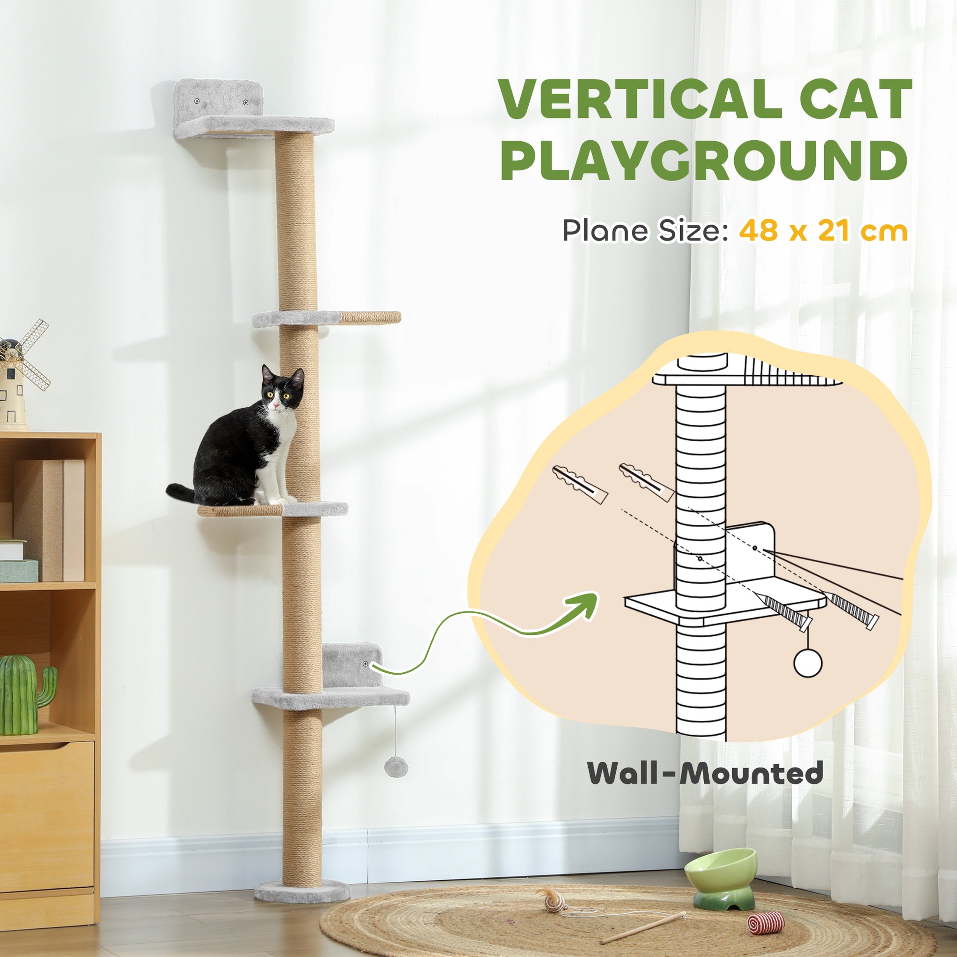 Wall Mounted Cat Shelves, Cat Climbing Wall with 4 Climbing Platforms, Jute Scratching Post and Toy Ball  Light Grey