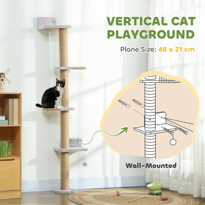 Wall Mounted Cat Shelves, Cat Climbing Wall with 4 Climbing Platforms, Jute Scratching Post and Toy Ball  Light Grey