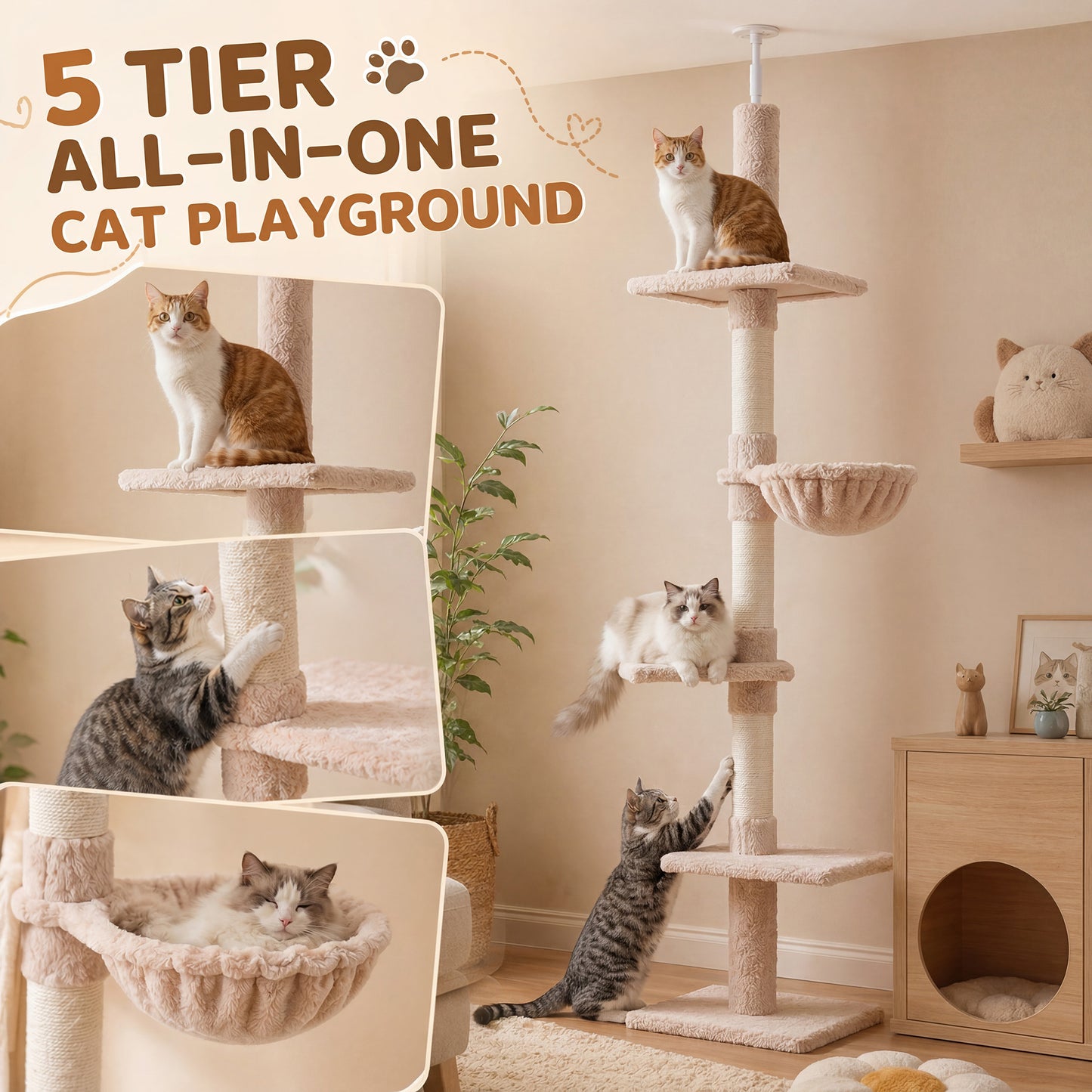 Floor To Ceiling Cat Tree 5 Tier Kitty Tower Activity