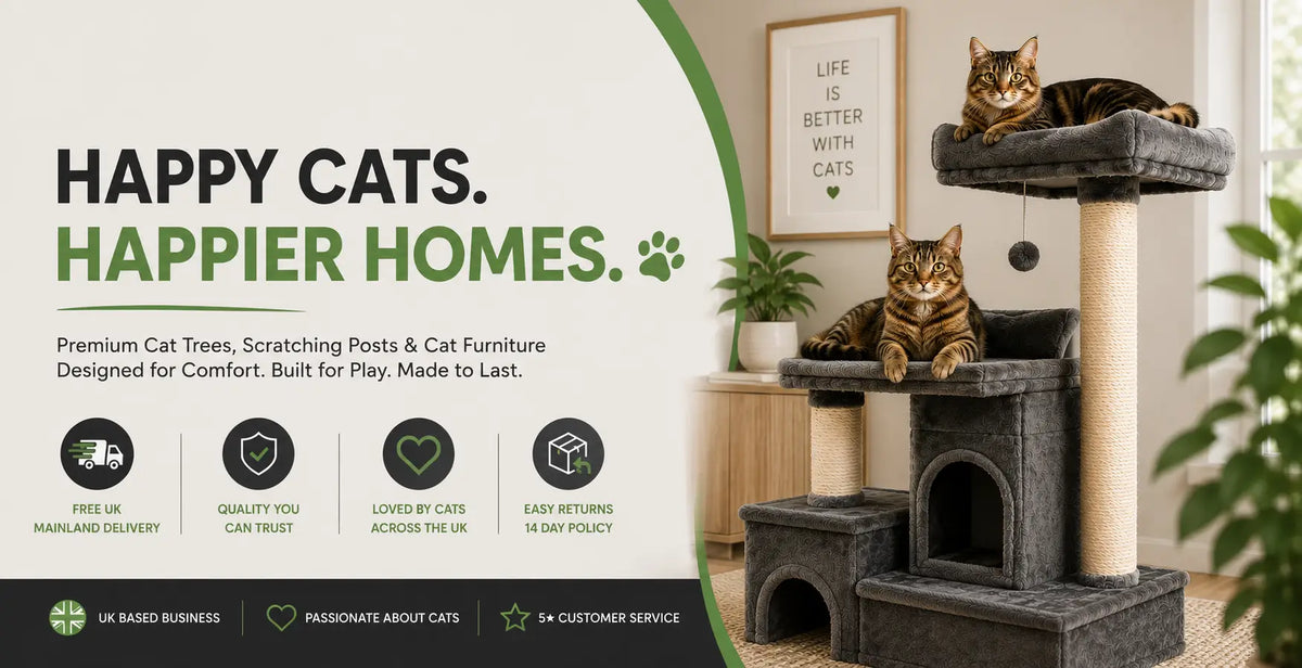 Promotional banner for a cat tree and scratching posts in a bright room, with two cats resting on the furniture. The left side features large text reading 'HAPPY CATS.