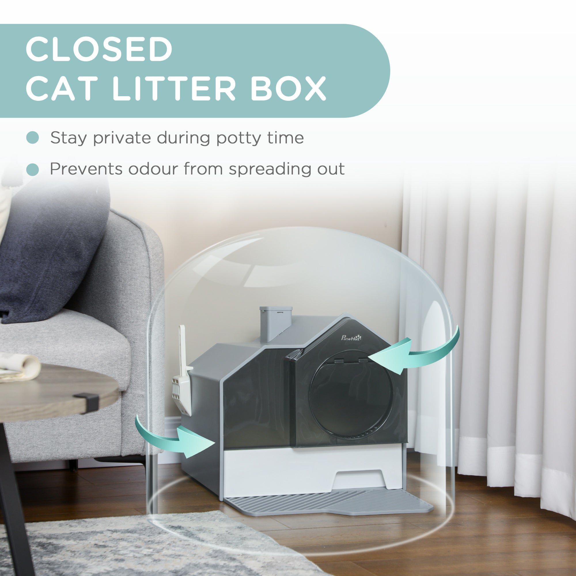 Cat Litter Box with Scoop, Enclosed Cat Toilet with Pull-Out Drawer, Odour Control & Easy Clean, Slate Grey