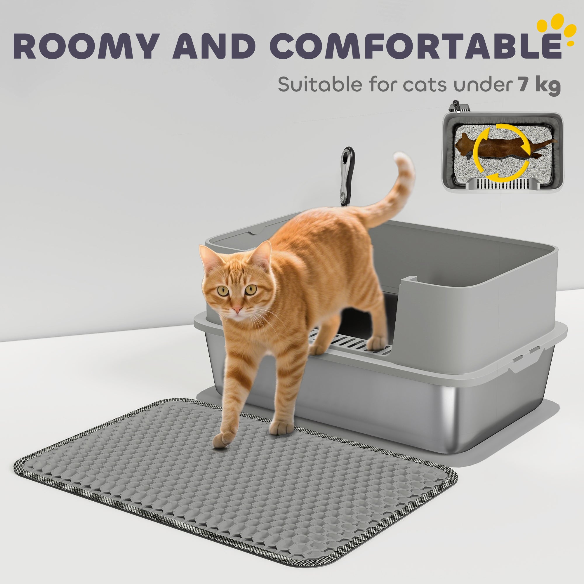 High Sided Stainless Steel Litter Box, Metal Cat Litter Tray with Scoop, Litter Mat, Never Absorbs Odors, Grey