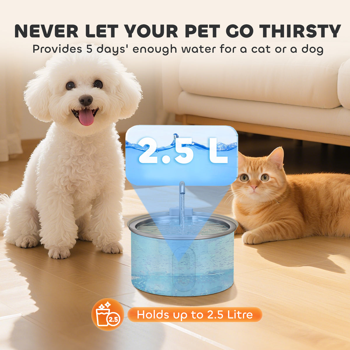 PawHut 2.5L Stainless Steel Cat Water Fountain for Drinking with Ultra-Silent Pump, Water-Level Window, 7 Filters PawHut