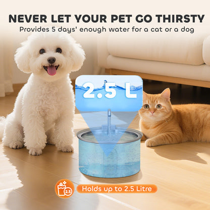 PawHut 2.5L Stainless Steel Cat Water Fountain for Drinking with Ultra-Silent Pump, Water-Level Window, 7 Filters PawHut