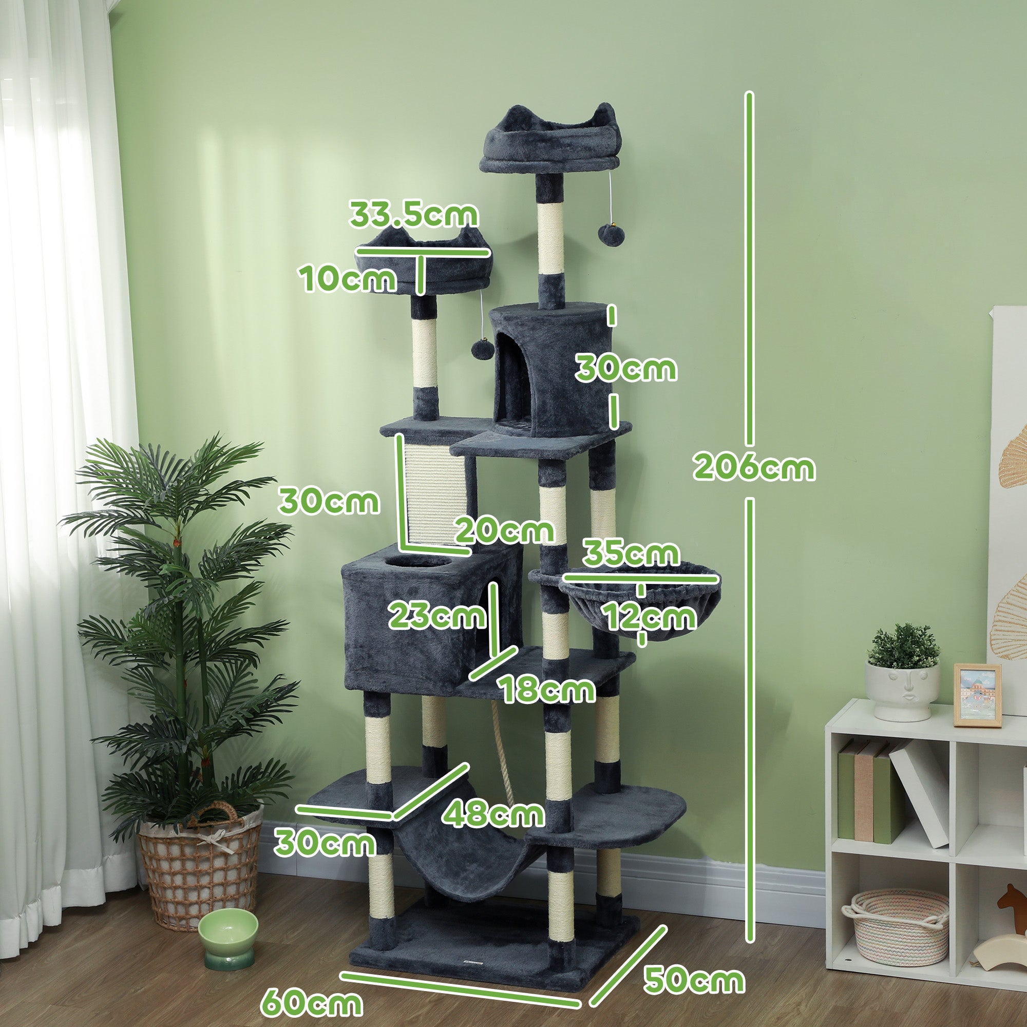 Cat Tree, Multi-Level Cat Tower with Scratching Posts and Board, Beds, Condos, Platforms, Toy Balls, Dark Grey