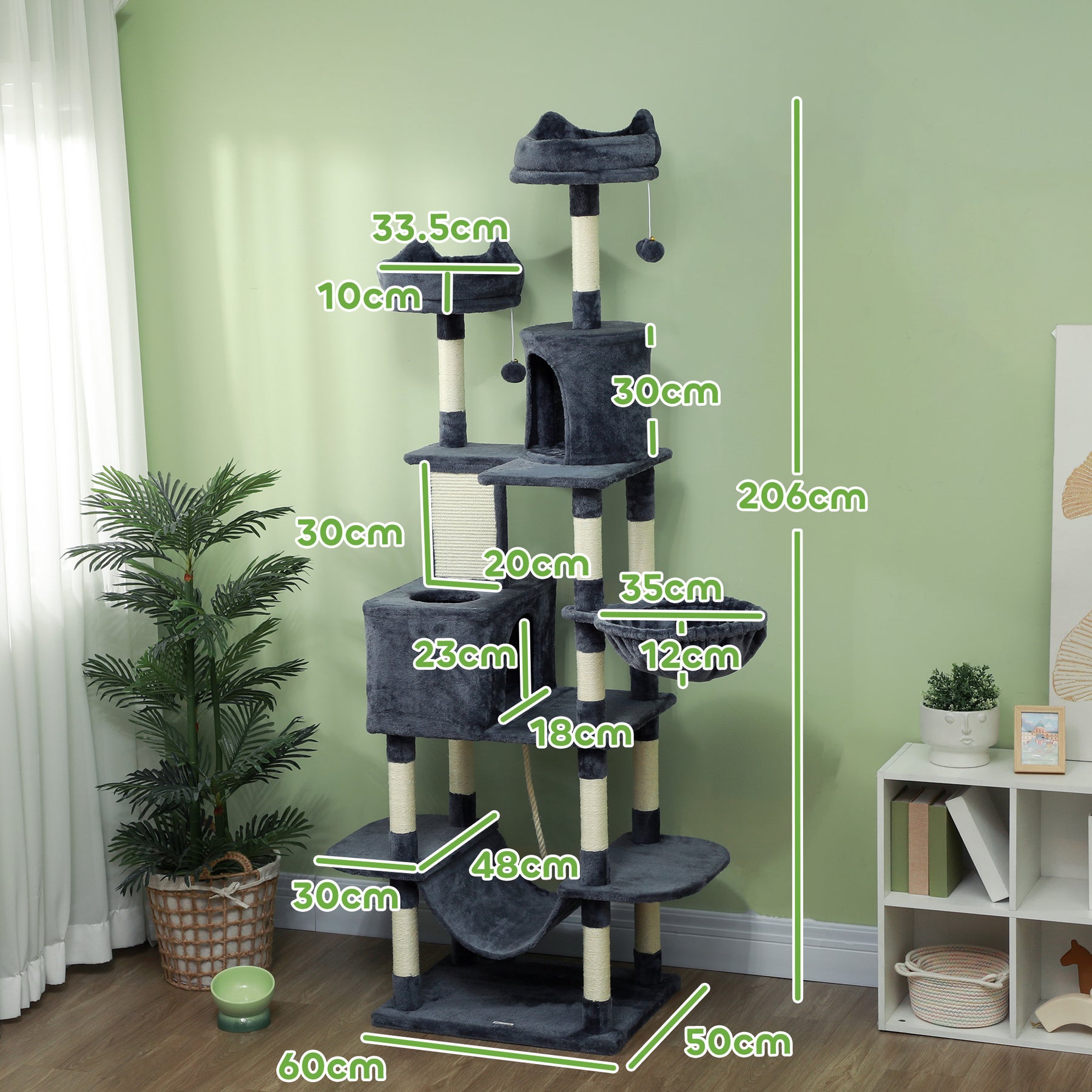 Cat Tree, Multi-Level Cat Tower with Scratching Posts and Board, Beds, Condos, Platforms, Toy Balls, Dark Grey