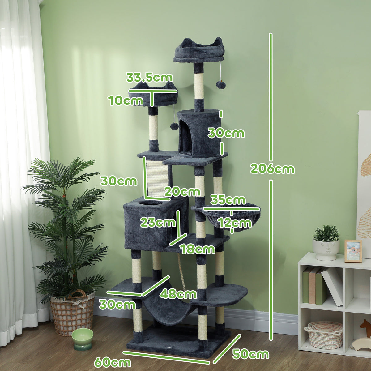 PawHut 206cm Cat Tree, Multi-Level Cat Tower with Scratching Posts and Board, Beds, Condos, Platforms, Toy Balls, Dark Grey PawHut