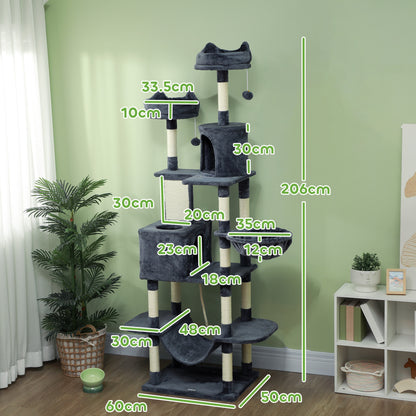 PawHut 206cm Cat Tree, Multi-Level Cat Tower with Scratching Posts and Board, Beds, Condos, Platforms, Toy Balls, Dark Grey PawHut