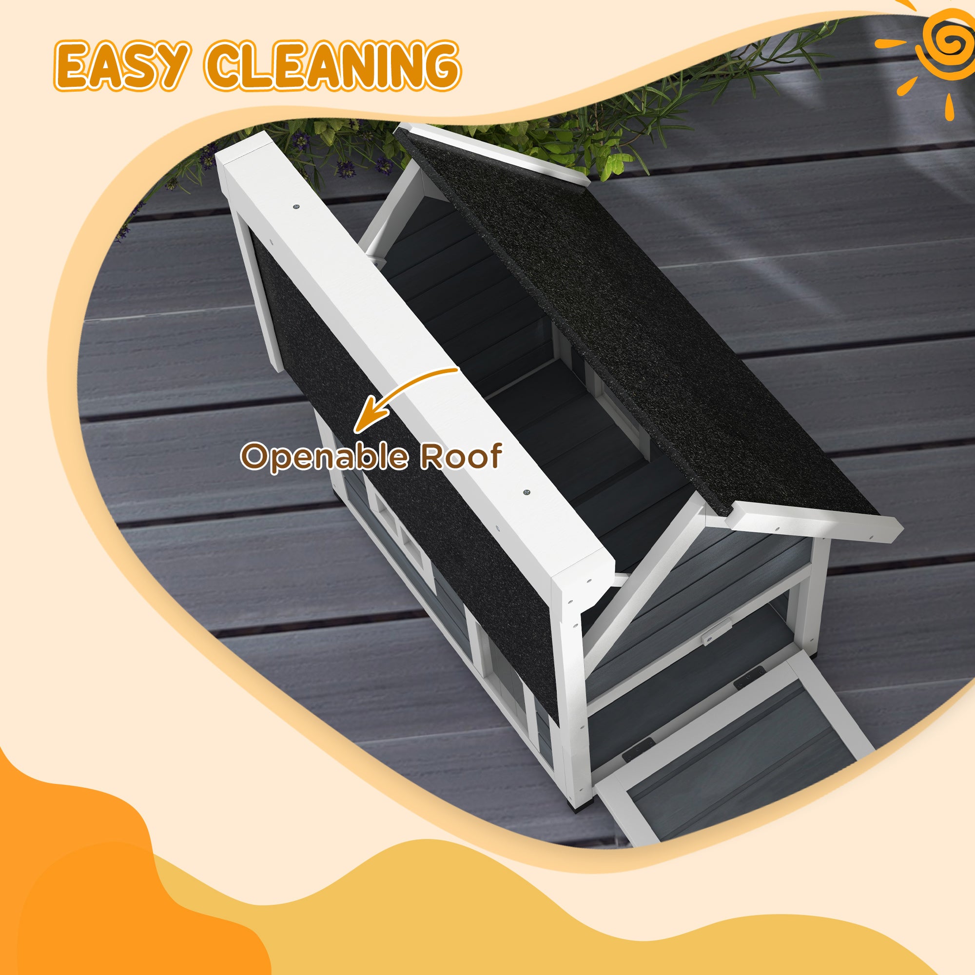 Outdoor Cat House, Wooden Feral Cat Shelter Waterproof Hide House with Openable Asphalt Roof and Three Doors, Grey