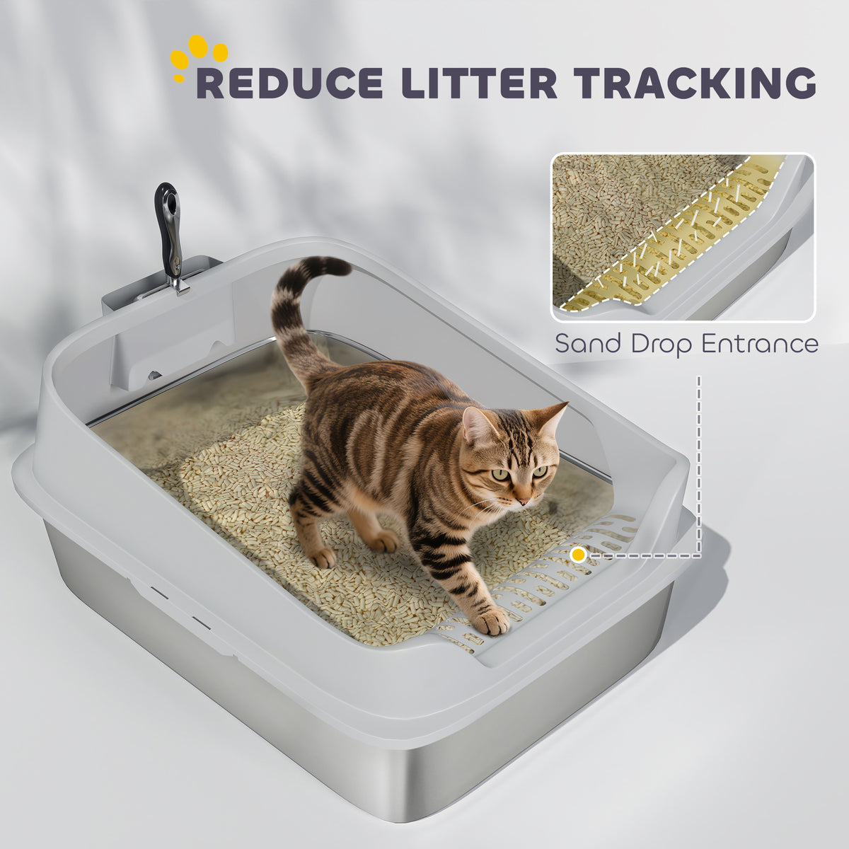 PawHut XXL Stainless Steel Cat Litter Box with High Sides, Metal Scoop, 70 x 50 x 30 cm PawHut
